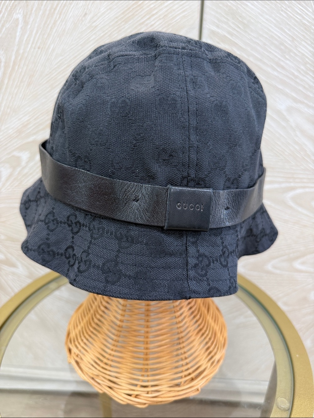 Gucci Black GG Jacquard Bucket Hat with Leather Band